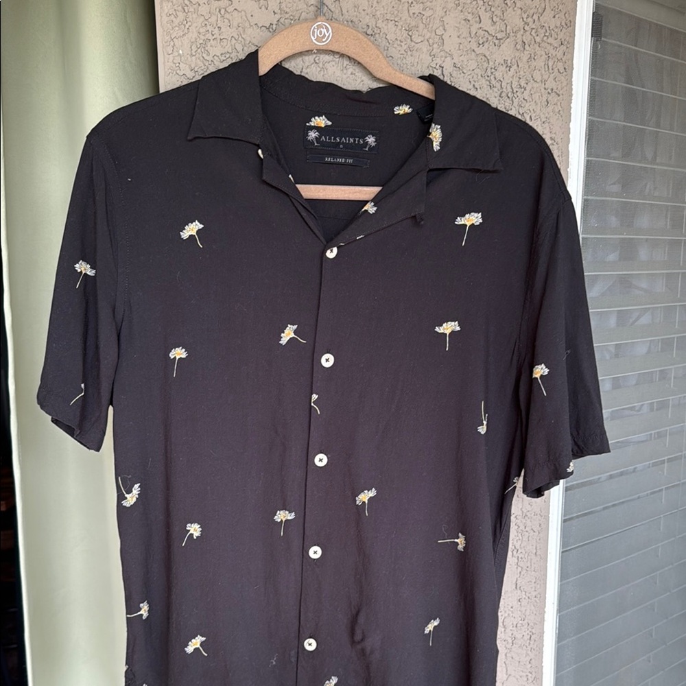 All Saints Black Casual Button Down Shirt with White‎ and Yellow Accents